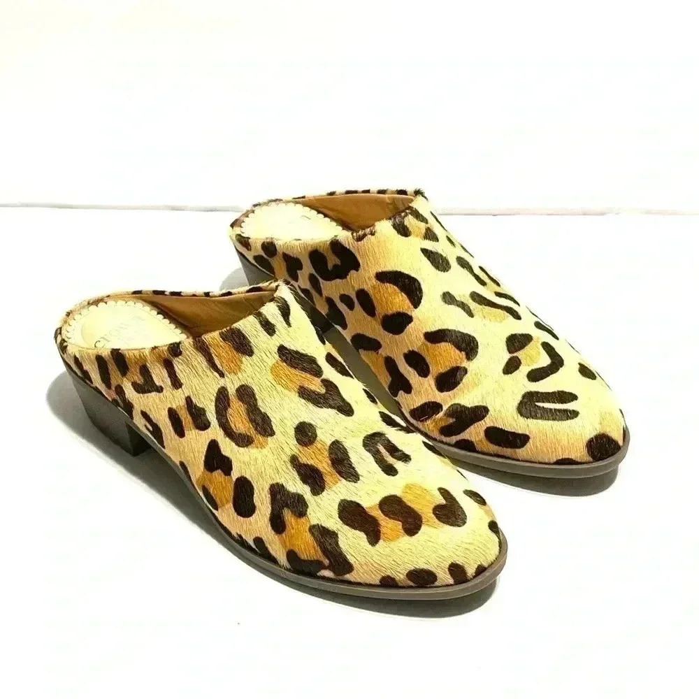 Crown & Ivy Size 8.5 Kylie Leopard Animal Print Calf Hair Mules Slip On Shoes